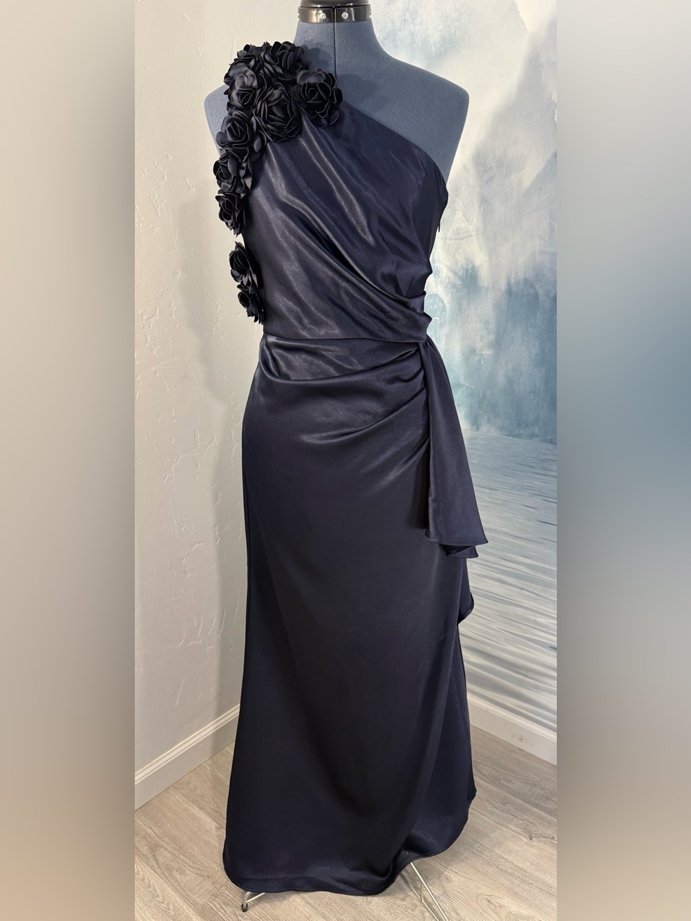One-Shoulder Navy Maxi Dress with Floral Applique #410